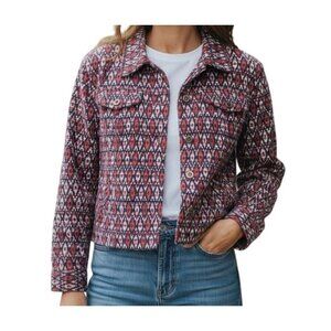 Ruby Rd ‎ women jacket size 16 red white blue geometric   pockets long sleeve